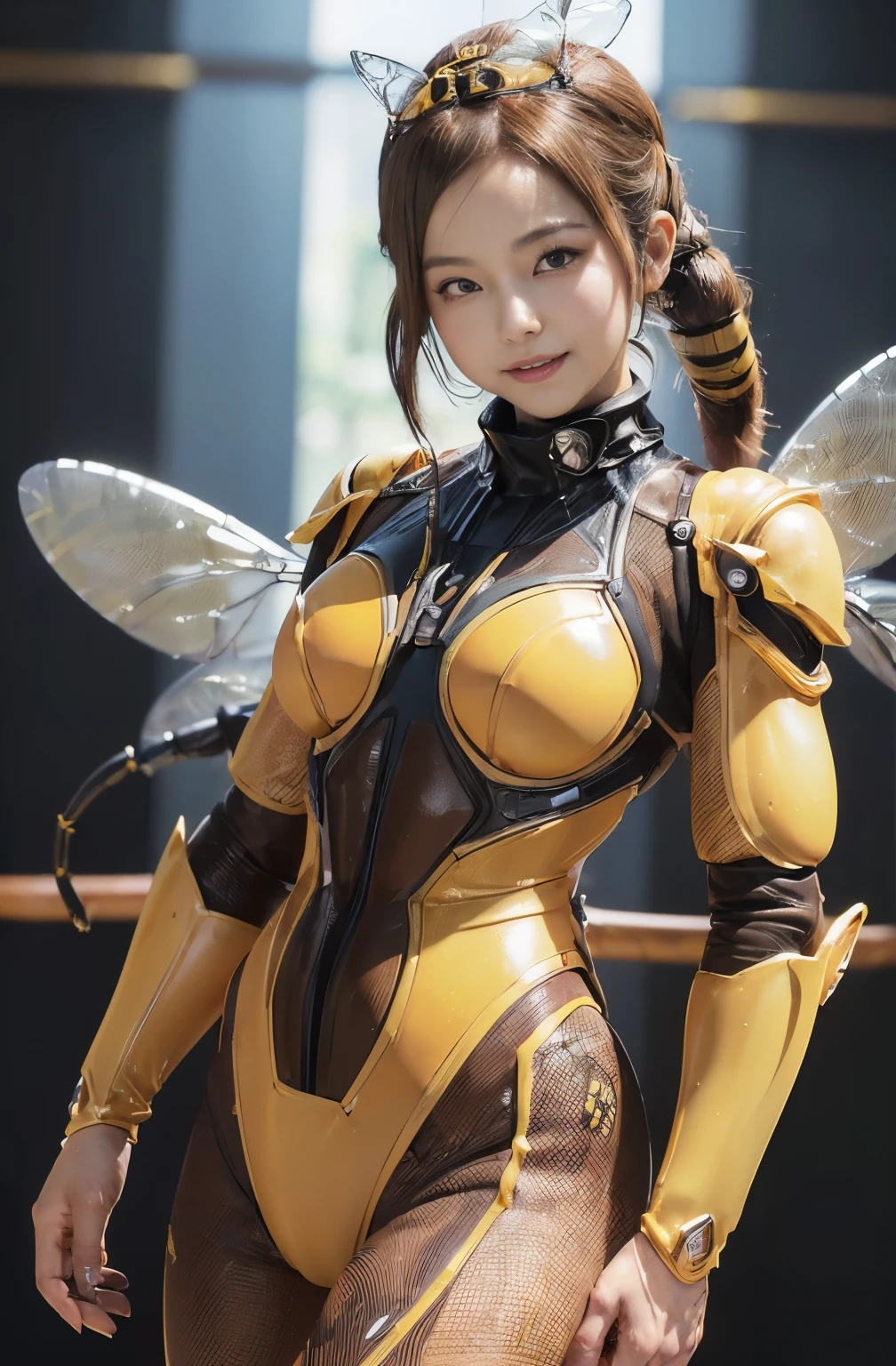 (high resolution,masterpiece,best quality,extremely detailed CG, anime, official art:1.4), realistic, photo, amazing fine details, all intricate, gloss and shiny,awesome many layers, 8k wall paper, 3d, sketch, kawaii, illustration,( solo:1.4), perfect female proportion,villainess, (fusion of queen bee and lady:1.4), (queen bee form lady:1.2), (queen bee lady:1.2), (fusion:1.2), (solo:1.4), (evil smile:1.2), muscular, abs, (queen bee exoskeleton bio insect suit:1.4), (queen bee exoskeleton bio insect armor:1.2), (brown transparency queen bee wing:1.4), (brown queen bee antennae:1.3), sexy