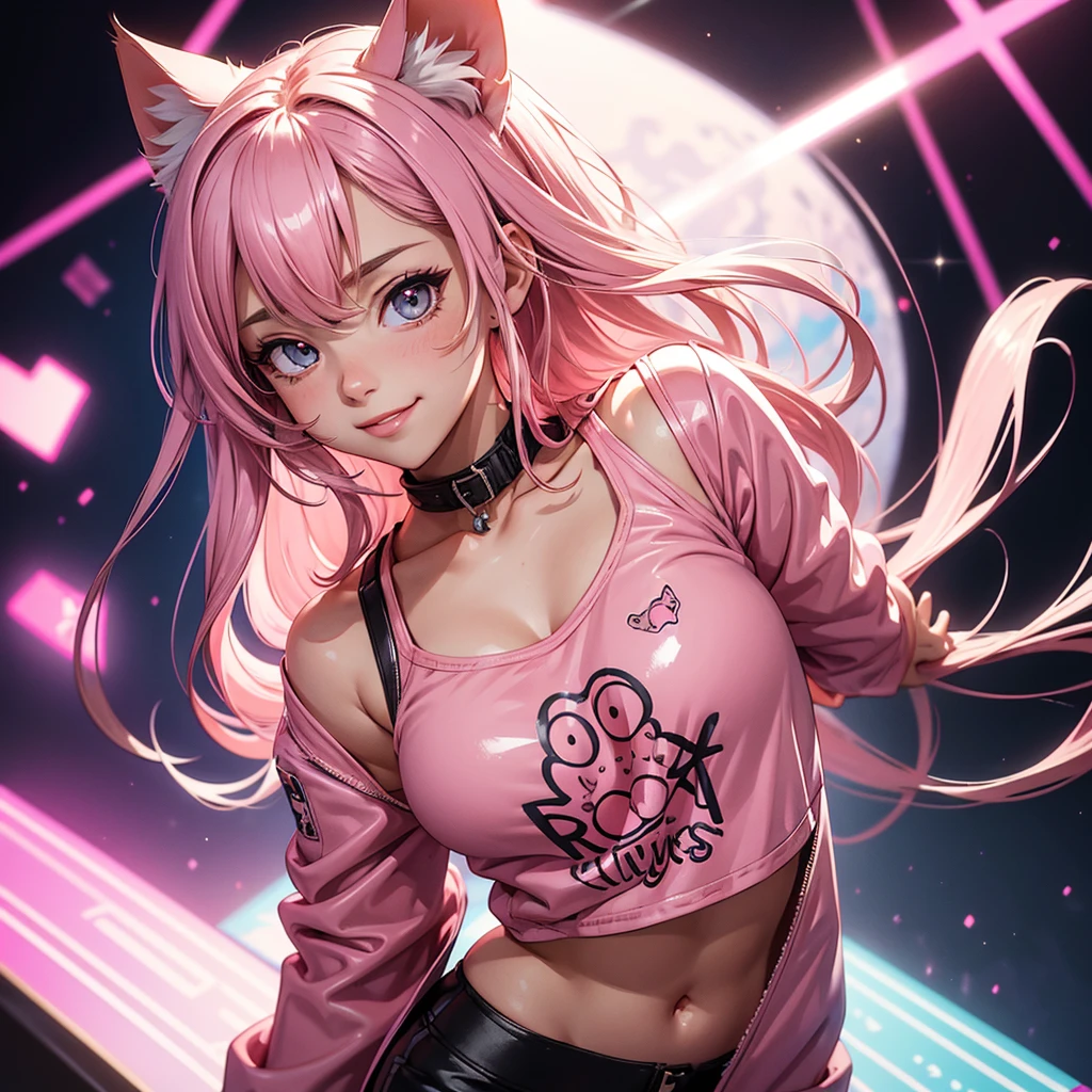 (high resolution, upper body, soft skin:1.2),(best illustration,masterpiece:1.2),ultra-detailed,[(cat ears ,pink inside:1.2),vivid colors,sharp focus,portrait,studio lighting,bokeh, wearing a anime shirt, pink leather jacket, pink latex mini shorts, smiling, rock concert background 