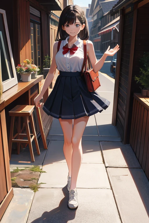 masterpiece, highest quality, High resolution, Very detailed, Detailed Background, Cinema Lighting, One girl, young woman, Wear a white sleeveless shirt,Shorts、 smile,  (Red School Bag:1.0), Are standing, whole body, Day, Day光, Outdoor、Slope、Stand with your legs spread、Raise your hand、Large Breasts、Cleavage、Thighs