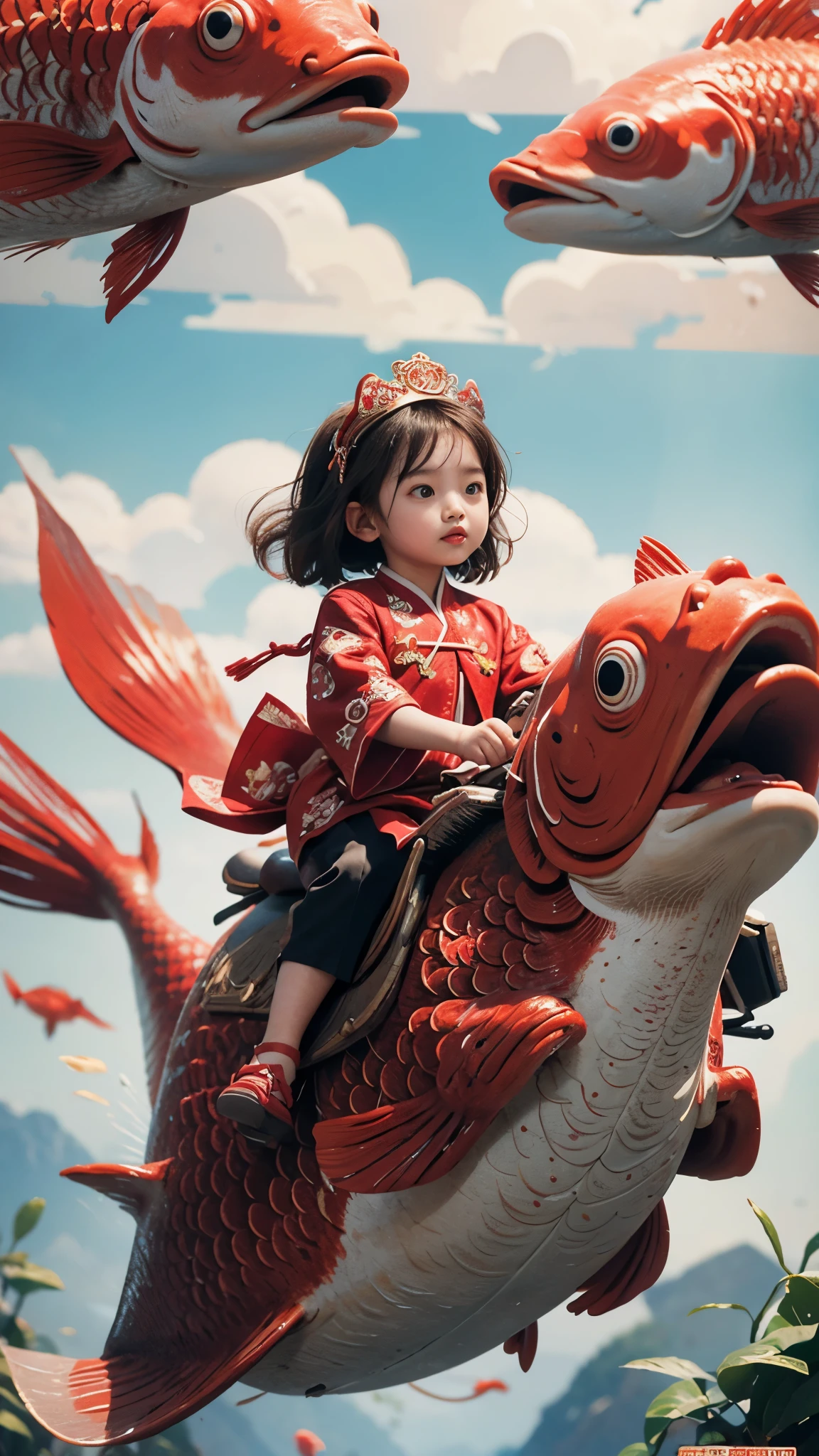 1girl,red fish,kid,chinese clothing,masterpiece,best quality,ultra-detailed,riding,