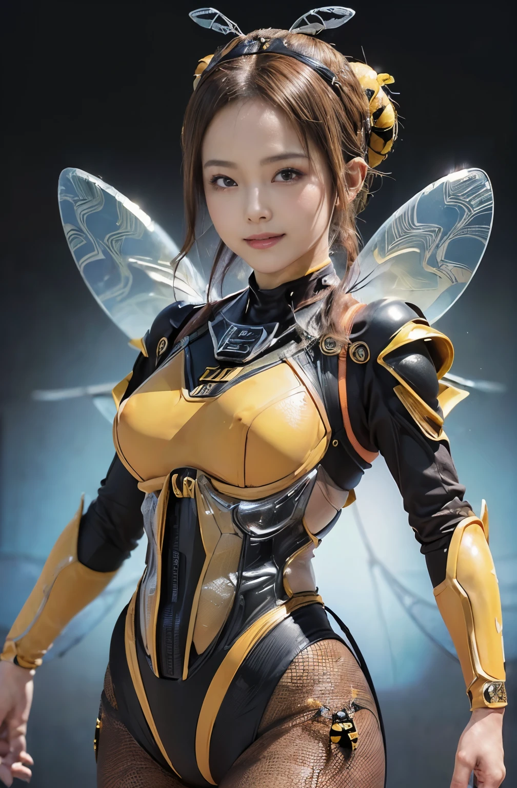 (high resolution,masterpiece,best quality,extremely detailed CG, anime, official art:1.4), realistic, photo, amazing fine details, all intricate, gloss and shiny,awesome many layers, 8k wall paper, 3d, sketch, kawaii, illustration,( solo:1.4), perfect female proportion,villainess, (fusion of queen bee and lady:1.4), (queen bee form lady:1.2), (queen bee lady:1.2), (fusion:1.2), (solo:1.4), (evil smile:1.2), muscular, abs, (queen bee exoskeleton bio insect suit:1.4), (queen bee exoskeleton bio insect armor:1.2), (brown transparency queen bee wing:1.4), (brown queen bee antennae:1.3),