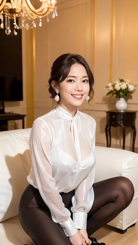 （RAW Photos：1.2）、 (Realistic:1.4),（D cup breasts）,Thick legs、alone、(White Silk_See-through blouse:1.5),（She is wearing a black c...