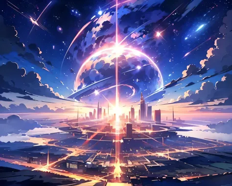 Beautiful sky anime scene with stars and planets, Abandoned city floating on the sea,Space Sky. by makoto shinkai, anime art wal...