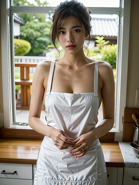 a young and extremely beautiful japanese cute woman、naked with an apron、do not emphasize the top of the bust, pink cook apron,