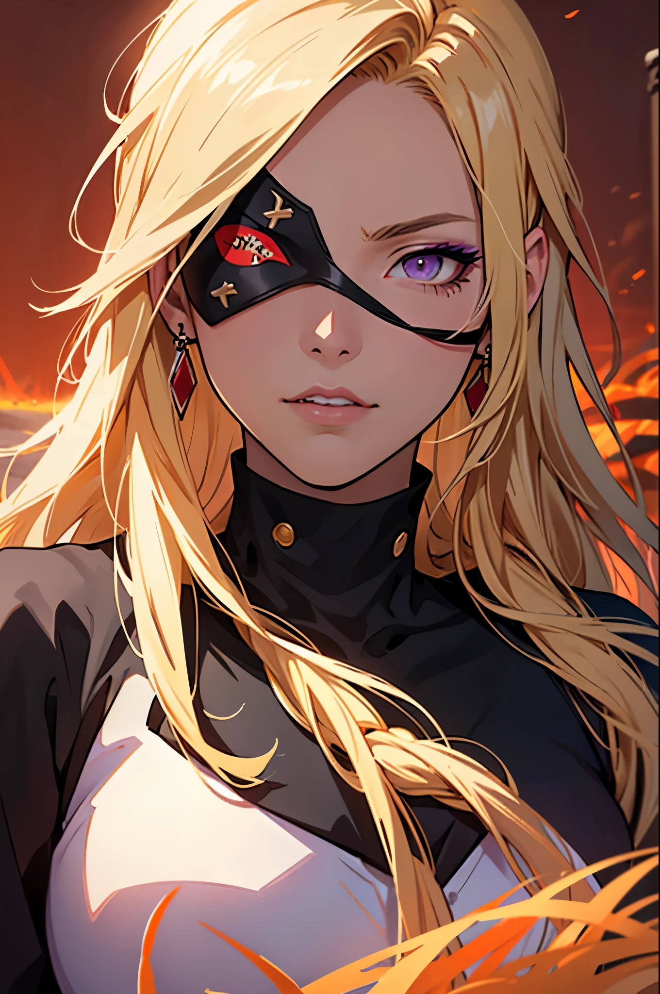 2d illustration, anime, a painting portrait in fine arts, in manhwa style, Bishamon from noragami, ((black eyepatch on the left eye)), blond hair, long hair, shopped undercut pixie, dark red lipstick, makeup, purple eyes, orange lights, ((sand dunes background)), dutch angle, dark atmosphere, beautiful, high definition, masterpiece, best quality, high detail, high detailed eyes, grain filter, high detailed eyes