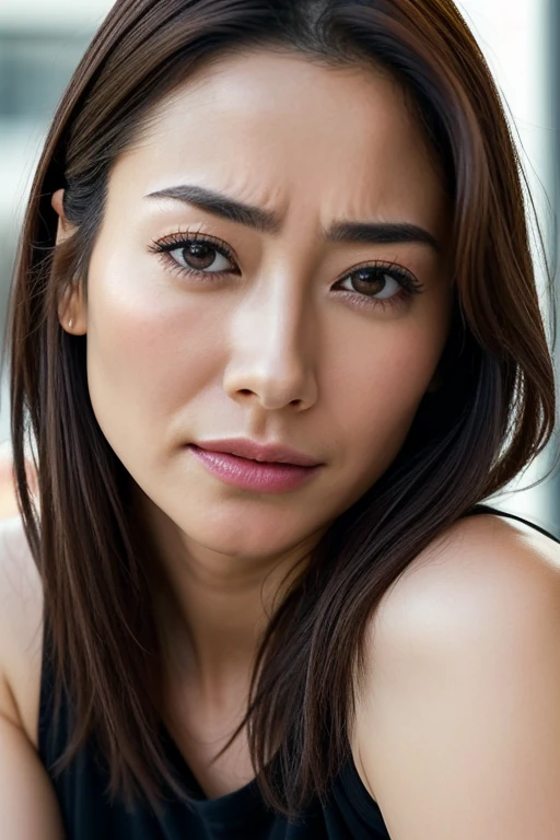 Beautiful Japanese actresses,1 girl,flying debris,,Award-winning photo, Very detailed, Keep your eyes focused, Nose and mouth,Face Focus, Extreme close up of face、 Age 35,Brown Hair、Symmetrical face,Realistic nostrils、Angle from below、Elongated C-shaped nostrils,(Sharp Nose)Sweaty skin、Shiny skin,(Brow wrinkles))（Cum on tongue)、((Thin eyebrows))Oily skin、Glowing Skin、double eyelid、、Beautiful woman、Medium Hair、Shortcuts、Tank top,I can see the sky、Shibuya Center Street、(((Show your side,throw))),Raise your eyebrows, (((Hold your mouth, Frowning, crazy, Frowning))), Textured skin,Long upper arms,((Cry with your eyes open, blush, Drunk, The face of endurance))Squat,Large Breasts,((Always lift your arms and show your sides))Long arms,scowl,smelling, annoyed, sad, sleepy, grimace, endured face