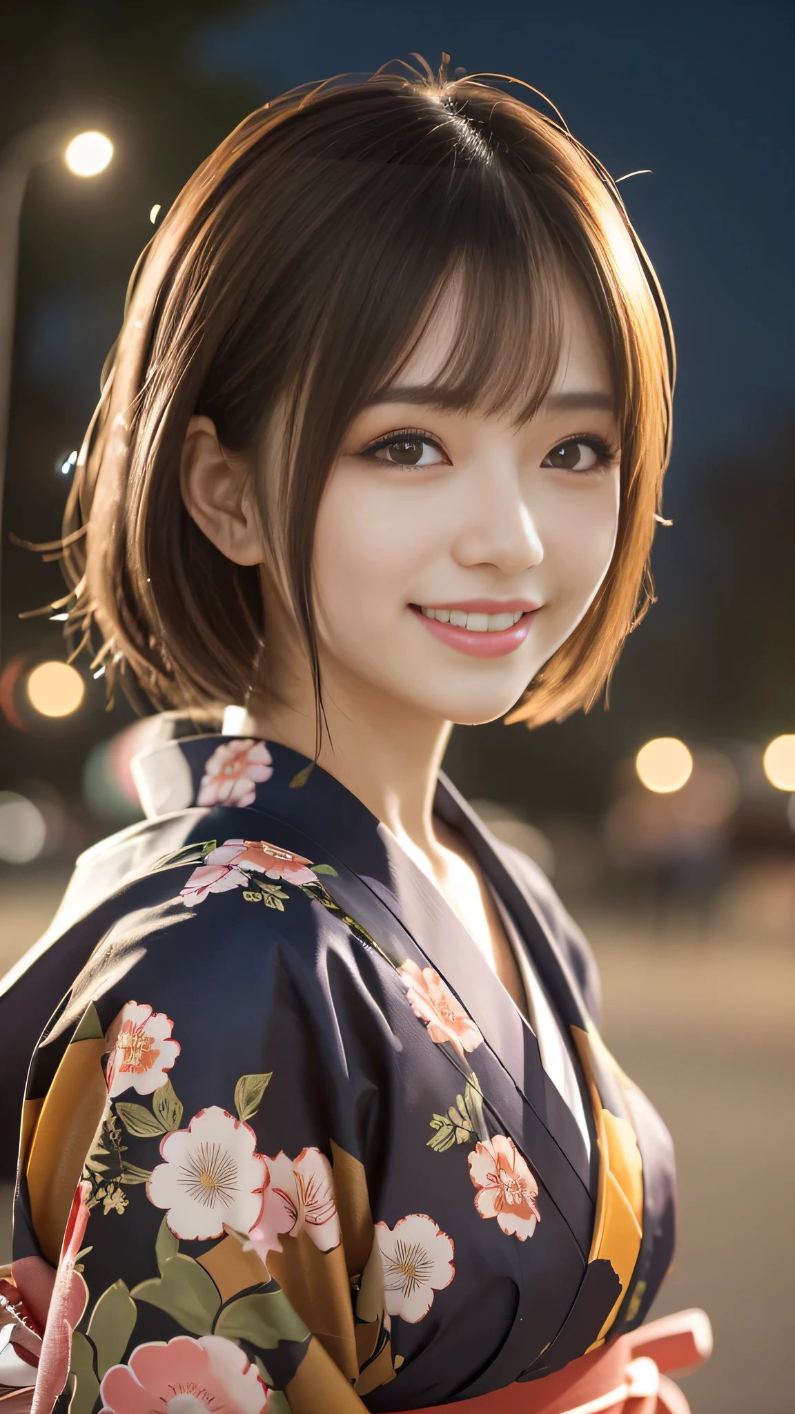Looking at the camera,(((highest quality, 8k, masterpiece))), Sharp focus, (Beautiful woman with perfect figure), thin, (Hairstyle: superior)), ((kimono: Cane)), street: 1.2 Highly detailed face and skin texture Detailed eyes Double eyelid Random pose, (smile),ssuperiorer cute Japan person,ssuperiorer beauty Japanese girl, Realistic Face, double eyelid,smile,Summer festival , At sunset , Beautiful Teeth , Fireworks Background.