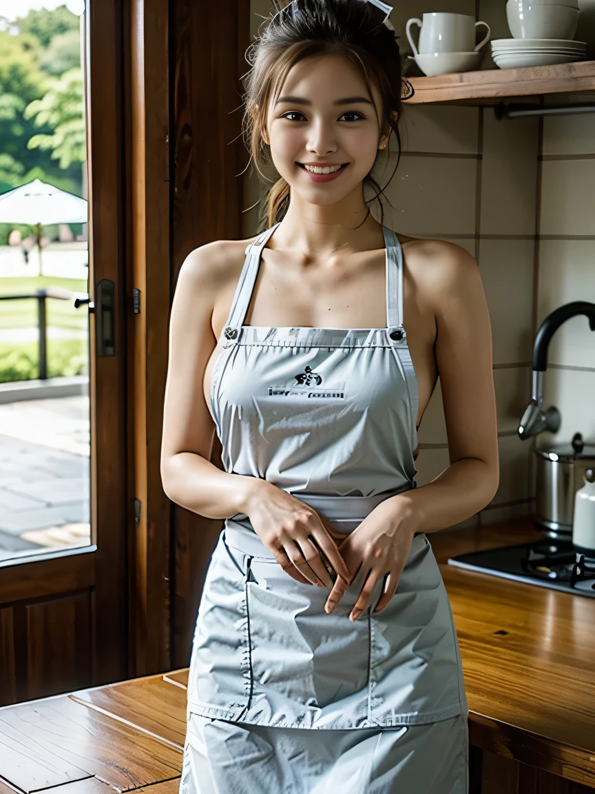 A young and extremely beautiful japanese cute woman、Naked with an apron、do not emphasize the top of the bust, starbucks cook apron, arms at sides, smiling,