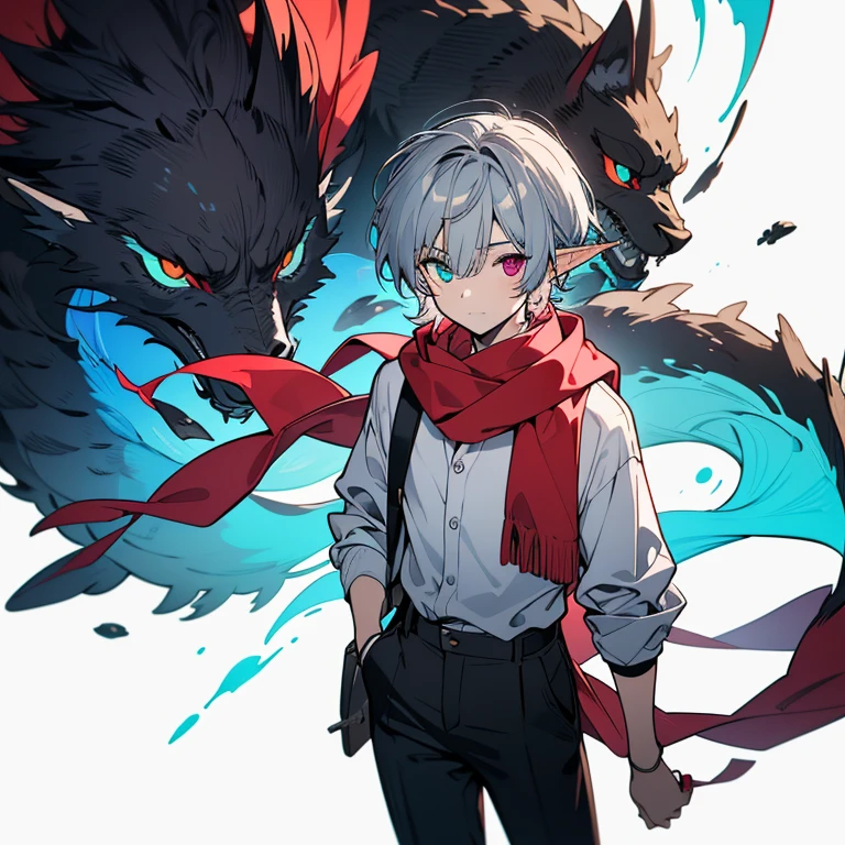 (best quality, high resolution, masterpiece:1.2), a cool young elf boy standing alone, vibrant cyan and deep purple heterochromia iridum, bright silver medium length hair, wearing slacks, a white shirt, and a cardigan draped over his shoulders, with a red scarf wrapped around his neck.