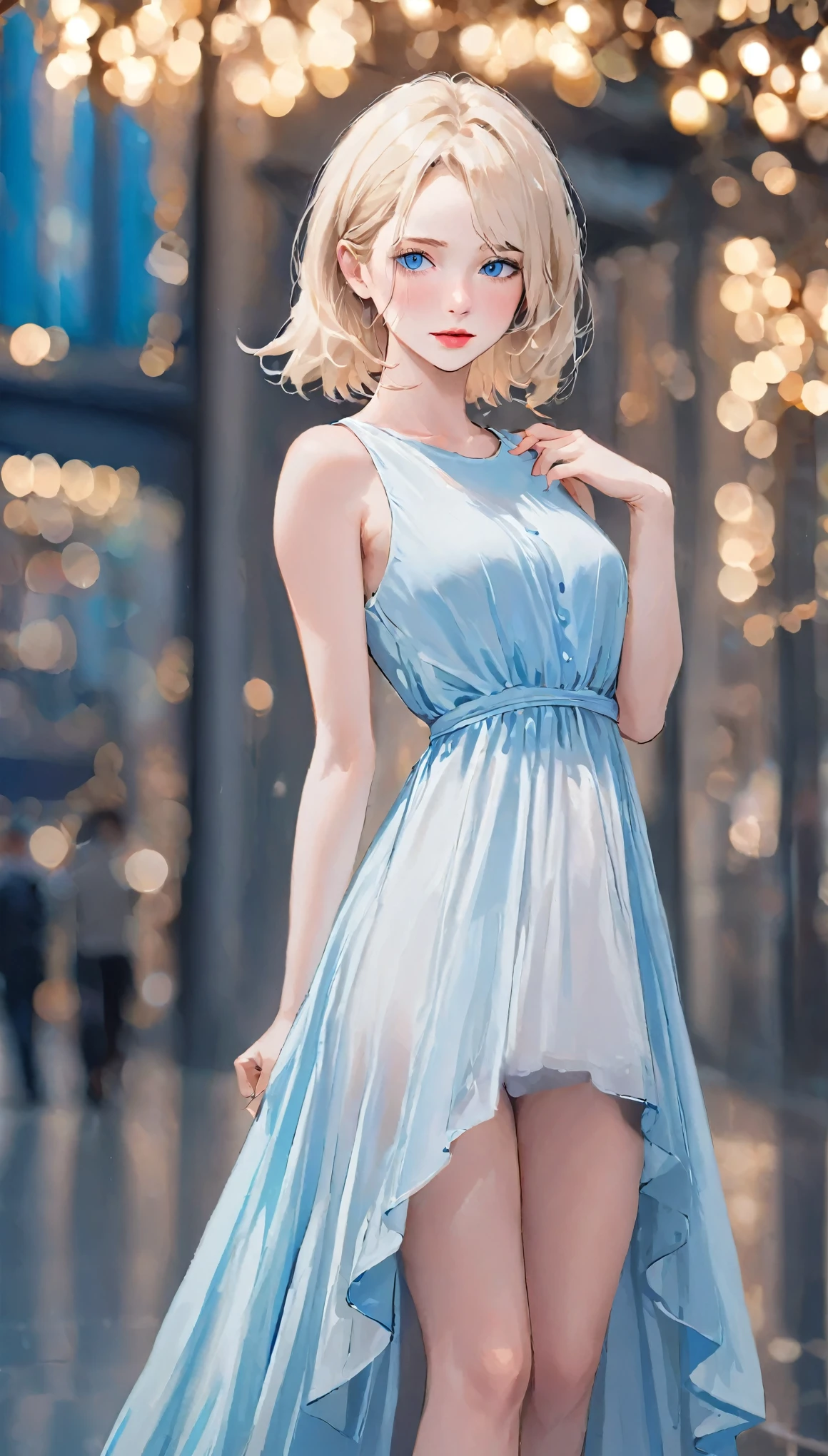 Gorgeous Girl, beautiful, Baby Face, 20-year-old, White skin, other than that, Sexy pose, White Loose Halfway Dress, blue eyes, muscle, Bokeh, Modern place background, masterpiece, Full Body Shot