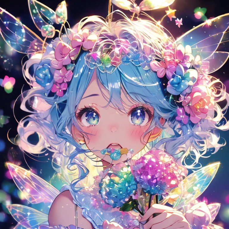 high quality、pastel、fairy garden、Bokeh、House of candy、cute kemomimi girl　 lots of candy, rainbow, candy, (a field of candy), 1 girl, queen of sugar, pink dress, 、House of candy