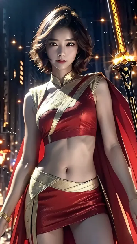 8K, Ultra Realistic CG K, Realistic:1.4, Skin Texture:1.4, Masterpiece:1.4, Beautiful woman in hero's costume standing in front of apocalyptic fire city posing behind, Female hero appears, Laser gun in right hand, gold short hair beauty, Glowing sword in l...