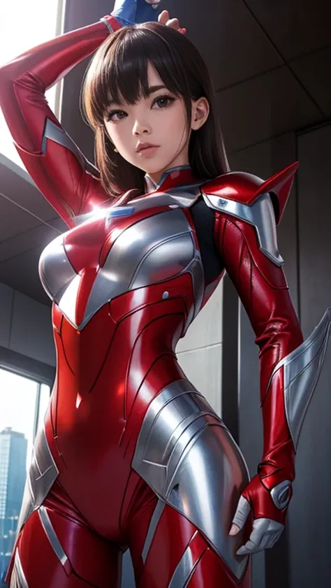 Ultraman、realistic、realistic、cinematic lighting, Girl in a shiny red and silver suit、15 years old、professional photos、Don&#39;Do...