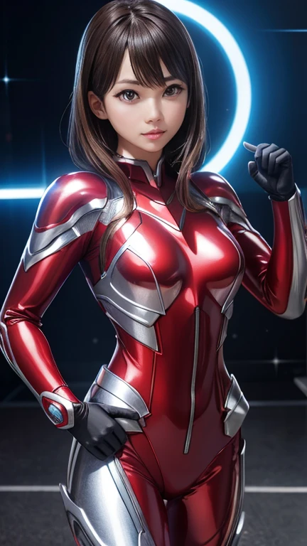 Ultraman、realistic、realistic、cinematic lighting, Girl in a shiny red and silver suit、15 years old、professional photos、Don&#39;Do not expose your skin, japanese model, japanese cgi、Ultraman Suit、tight and thin cyber suit,Whole body rubbery、There&#39;s pink There、 delicate body, big breasts、small ass、thin thighs、thin arms、thin waist、camel toe、Both sides of the cyber suit stick to the skin、Big eyes、black short hair、facing the front、facing the front立っている、A glowing sphere is embedded in the chest.、Essay Examination、 blue sky background