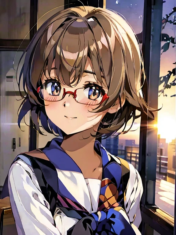 Japanese, one, high school girls, school classrooms, evening, sunset, short hair, round glasses, school sailor uniforms, gently smiling, blushing, high -quality, high -definition, high -definition, masterpiece , Upper body