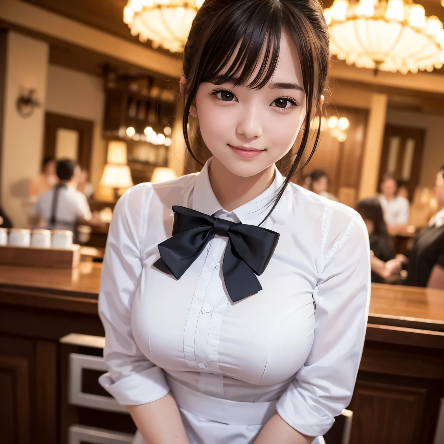 Best quality, masterpiece, ultra-high resolution, 8K, (reality: 1.4), RAW shooting, most detailed face, very detailed and perfect anatomy, live photography; most beautiful face; shining skin; one 18-year-old Japanese.My bangs and eyes are big and cute.It has brown eyes, gentle eyes, long brown hair, a young face, and a large chest.E-cup. Look at the audience. The best smile. a shiny white shirt, a black bow tie, a cafe apron, a waiter,My legs are pretty,