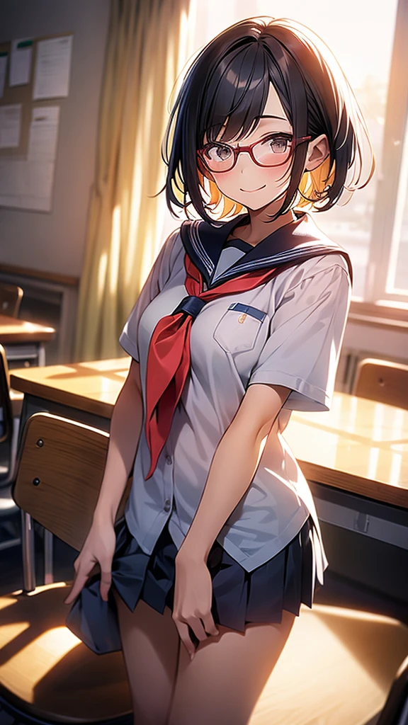 Japanese, one, high school girls, school classrooms, evening, sunset, short hair, round glasses, school sailor uniforms, gently smiling, blushing, high -quality, high -definition, high -definition, masterpiece , Upper body