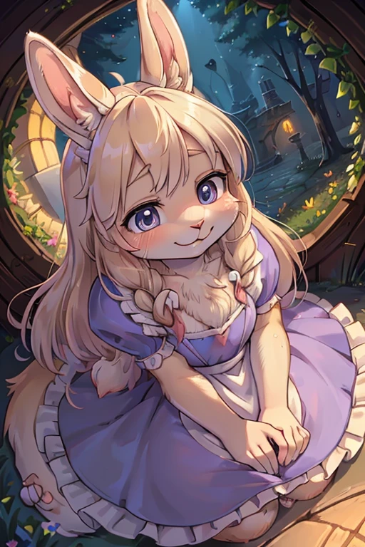 hairy rabbit princess , (realistic hairy rabbit fur:1.5) , round face , (tilt face:1.2) , (half-open eyes:1.5) , moist round eyes , Swollen cheeks , Seduction smile , glossy lips , semi long hair , princess dress , Alice in Wonderland , twilight , Adorable gestures , dynamic angle , nag factor , Gently guide , labyrinth , look of pain