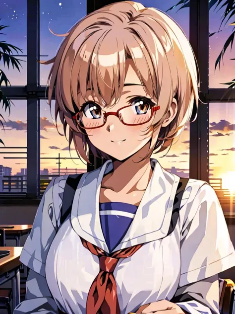 Japanese, one, high school girls, school classrooms, evening, sunset, short hair, round glasses, school sailor uniforms, gently ...