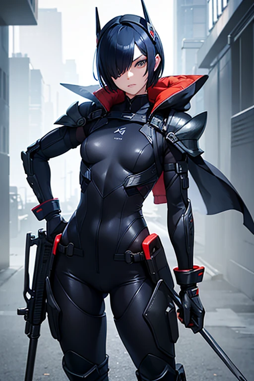 Dark blue hair，short hair，neutral，boyish，Hiding one eye，I hid one eye with my hair，slender，Rin々A funny face，Powered Suit，Reinforced Suit，Black suit，mechanical，Science fiction，Black sleeveless coat，With a sword，headgear，Small breasts，Small breasts，Flat Chest，tall，Slightly muscular，Handsome，The innerwear is a bodysuit，Armament，Pilot Suit，Hard boots，armor，Carrying a rifle，Chest protector，Protector on shoulder，I put on a coat，Waist device，1 person