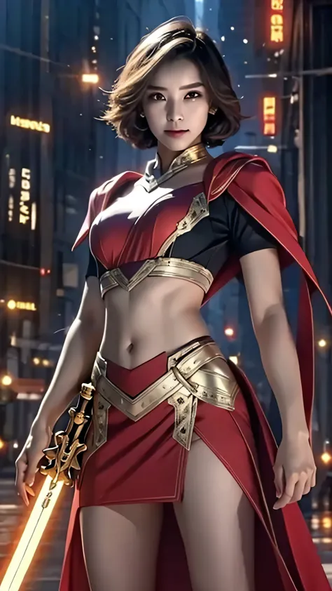 8K, Ultra Realistic CG K, Realistic:1.4, Skin Texture:1.4, Masterpiece:1.4, Beautiful woman in hero's costume standing in front of apocalyptic fire city posing behind, Female hero appears, Laser gun in right hand, gold short hair beauty, Glowing sword in l...