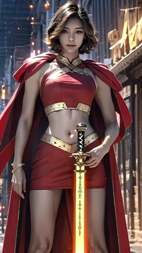 8K, Ultra Realistic CG K, Realistic:1.4, Skin Texture:1.4, Masterpiece:1.4, Beautiful woman in hero's costume standing in front of apocalyptic fire city posing behind, Female hero appears, gold short hair beauty, Glowing sword in left hand, Flat stomach sh...