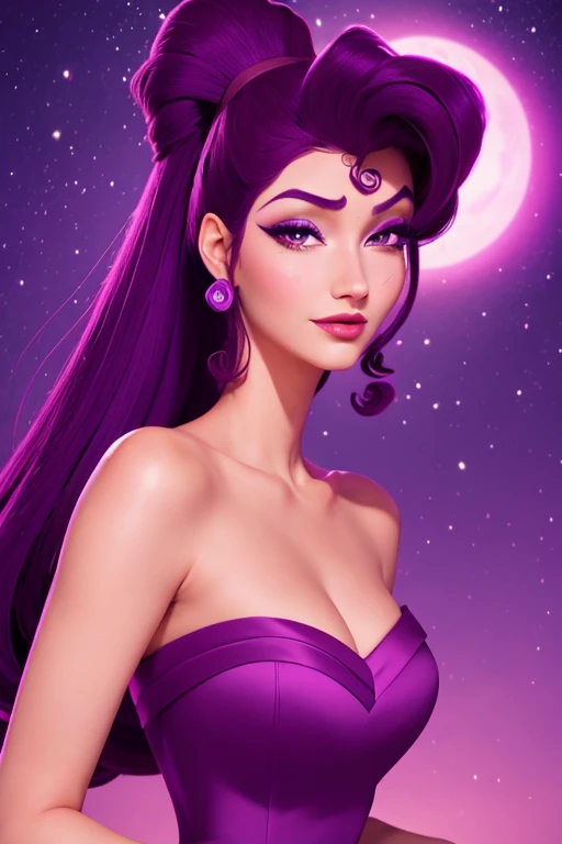 穿著紫色希臘洋裝的黑髮麥加拉, 臉部對焦, 美麗的肖像, 詳細的面部表情, 最好的品質, 官方藝術, 夜晚浪漫背光, 明亮的眼睛, 迪士尼動畫風格., 最好的品質, 數位藝術, 2d