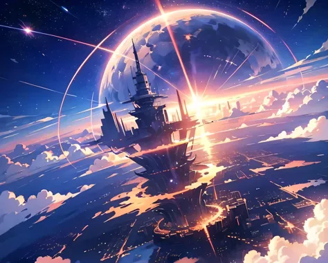 sea of clouds、Beautiful sky animation scene with stars and planets, Abandoned city floating on the sea,Space Sky. by makoto shin...