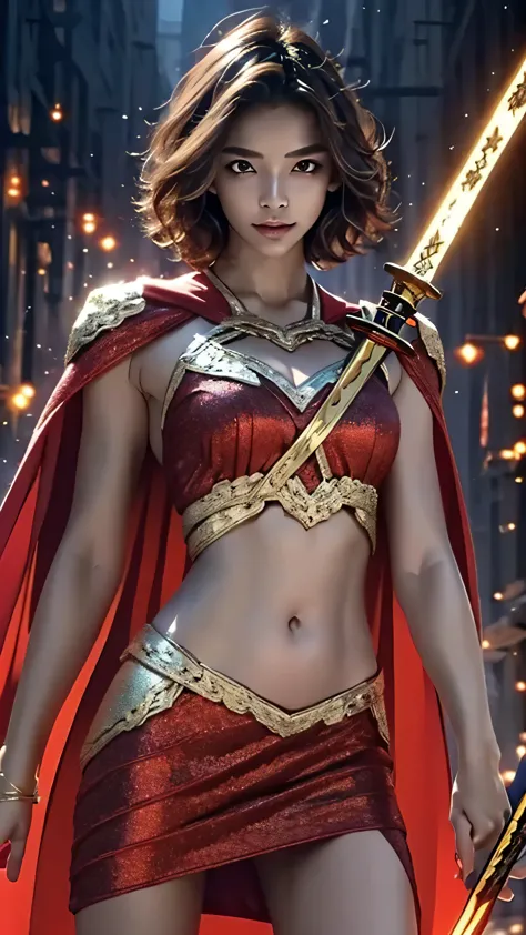 8K, Ultra Realistic CG K, Realistic:1.4, Skin Texture:1.4, Masterpiece:1.4, Beautiful woman in hero's costume standing in front of apocalyptic fire city posing behind, Female hero appears, gold short hair beauty, Glowing sword in hand, Flat stomach showing...