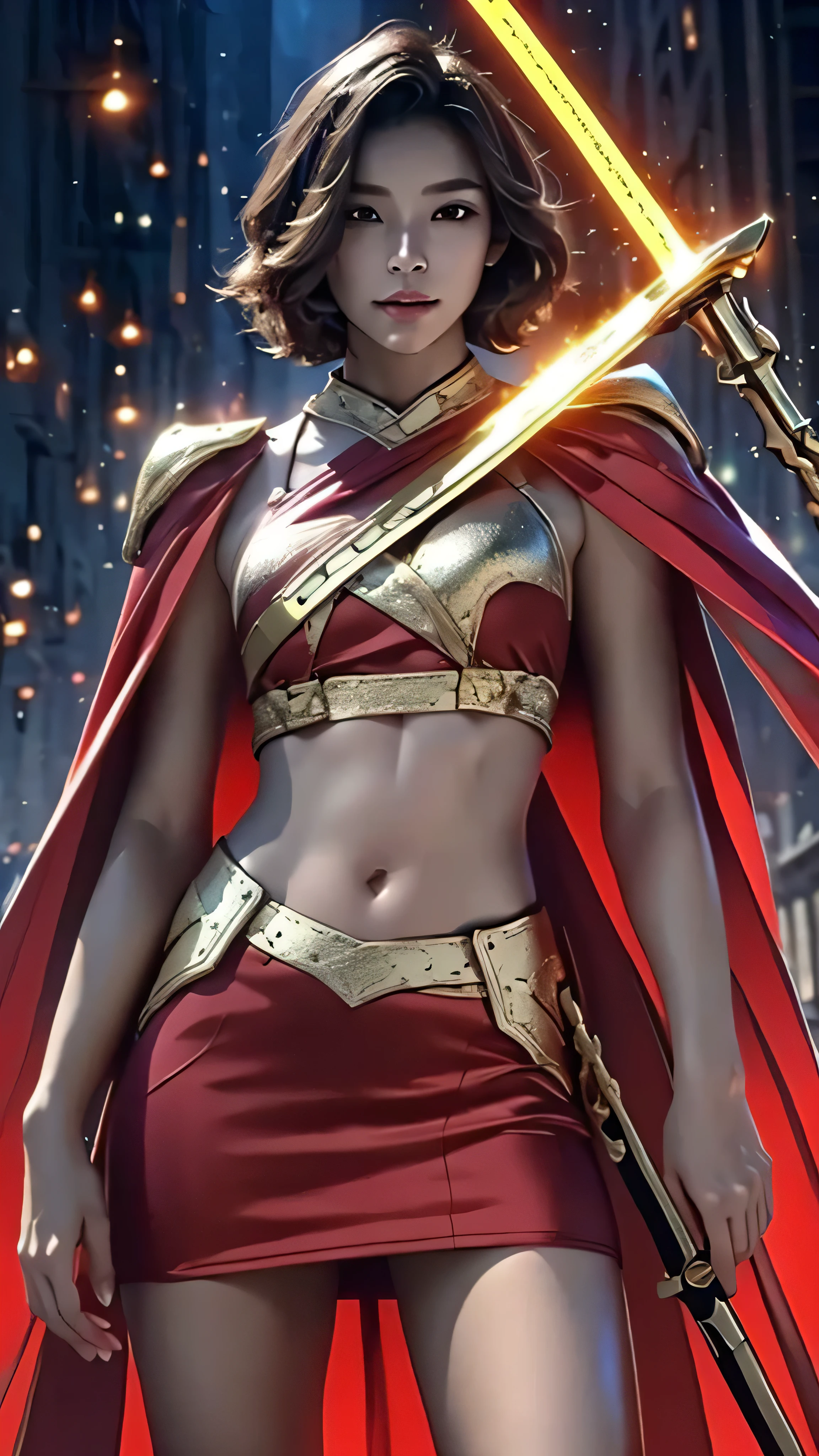 8K, Ultra Realistic CG K, Realistic:1.4, Skin Texture:1.4, Masterpiece:1.4, Beautiful woman in hero's costume standing in front of apocalyptic fire city posing behind, Female hero appears, gold short hair beauty, Glowing sword in hand, Flat stomach showing, Red mini skirt Beautiful, thin hands, cape,