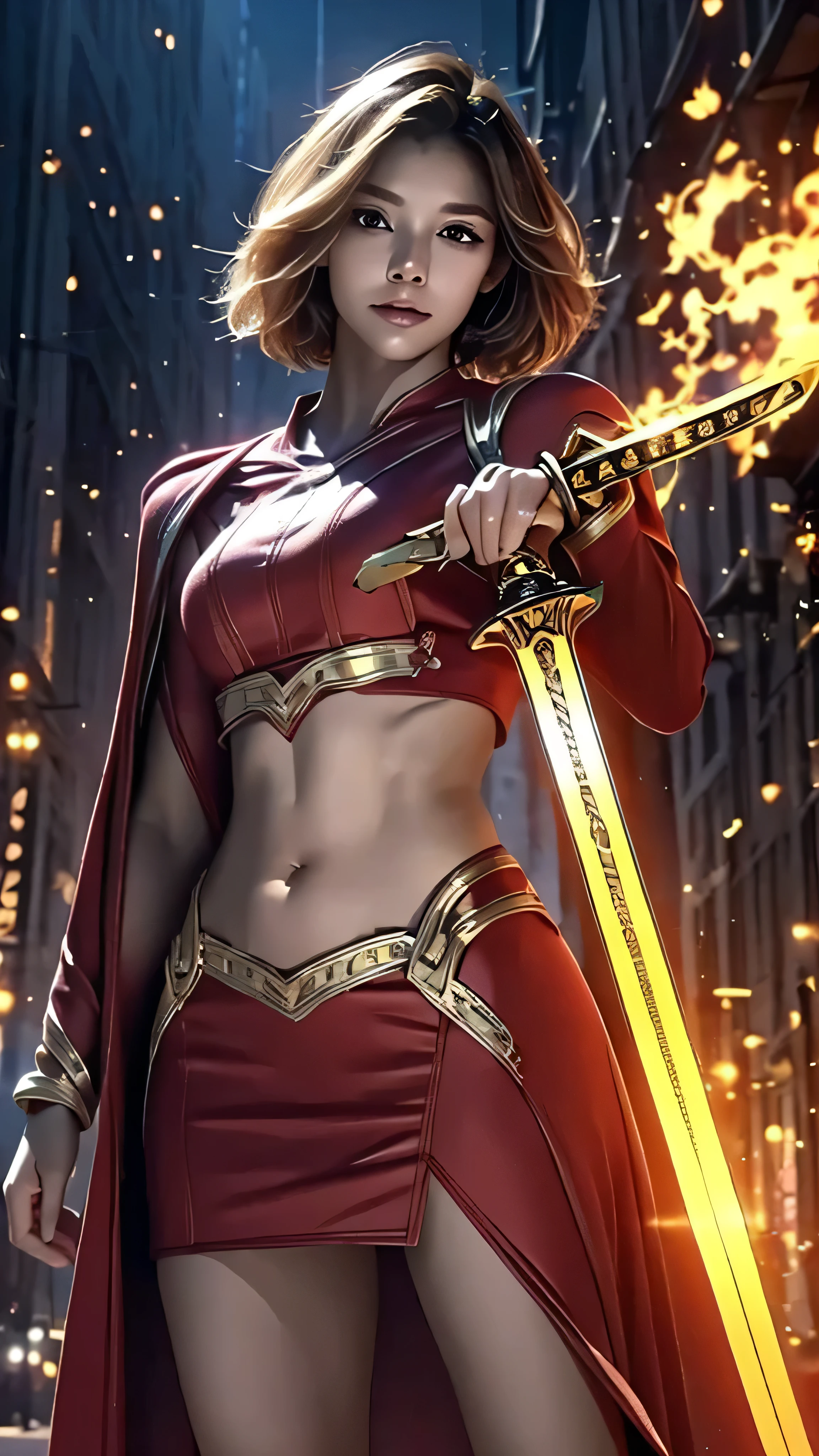 8K, Ultra Realistic CG K, Realistic:1.4, Skin Texture:1.4, Masterpiece:1.4, Beautiful woman in hero's costume standing in front of apocalyptic fire city posing behind, Female hero appears, holding shiny sword in hand, showing flat muscle belly, red mini skirt , beautiful thin hands, cape Beautiful woman with short cut blonde hair