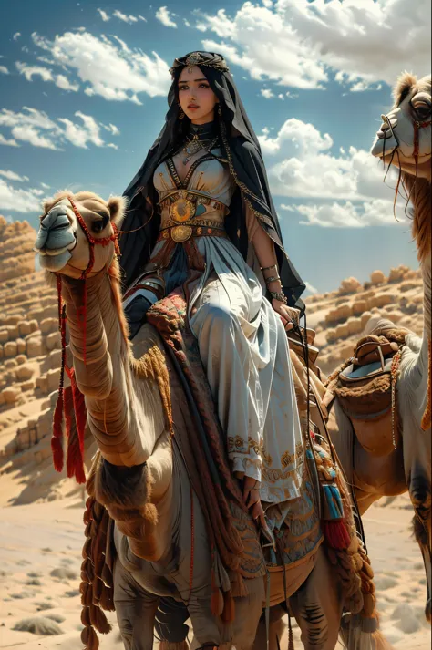 xuer riding camel, 1girl, desert, sky, day, cloud, solo, long hair, outdoors, black wavy hair, veil, arabic clothes, jewelry,