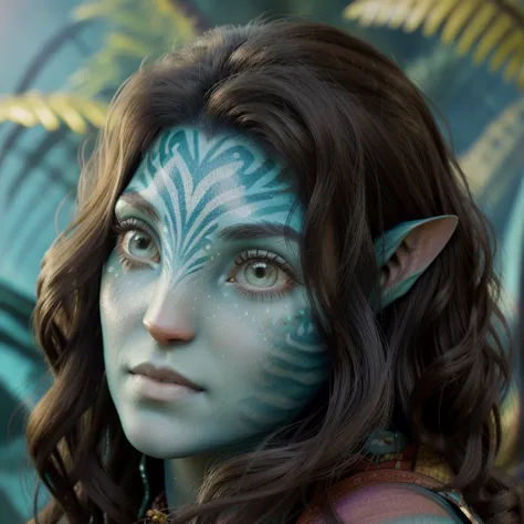 avatar style, (face portrait:1.6), naavi, 1girl, female, (green eyes), (big eyes), ((eyebrowless)), pointy ears, (turquoise skin...