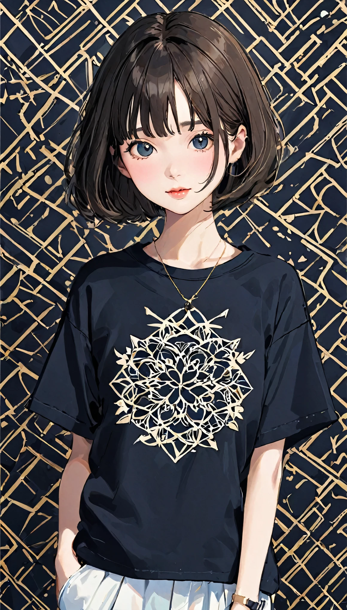 complex geometric pattern background、Dark、cute、Short Bob、avert your eyes、White BuggyＴshirt、プリントshirt、Loose-fitting clothing、Retro、highest quality、Ultra-detailed、High quality details