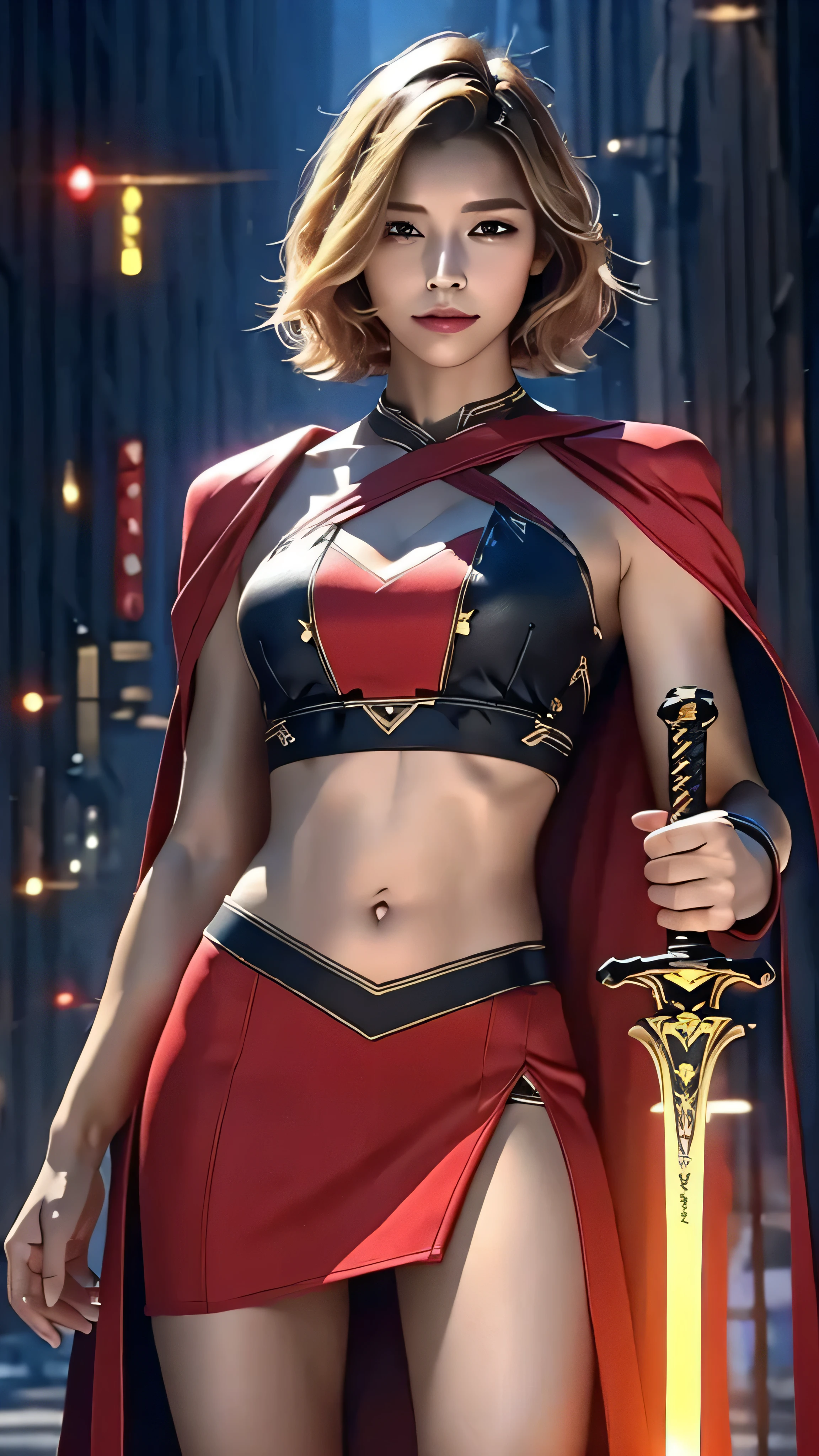 8K, Ultra Realistic CG K, Realistic:1.4, Skin Texture:1.4, Masterpiece:1.4, Beautiful woman in hero's costume standing in front of apocalyptic fire city posing behind, Female hero appears, holding shiny sword in hand, showing flat muscle belly, red mini skirt , beautiful thin hands, cape Beautiful woman with short cut blonde hair