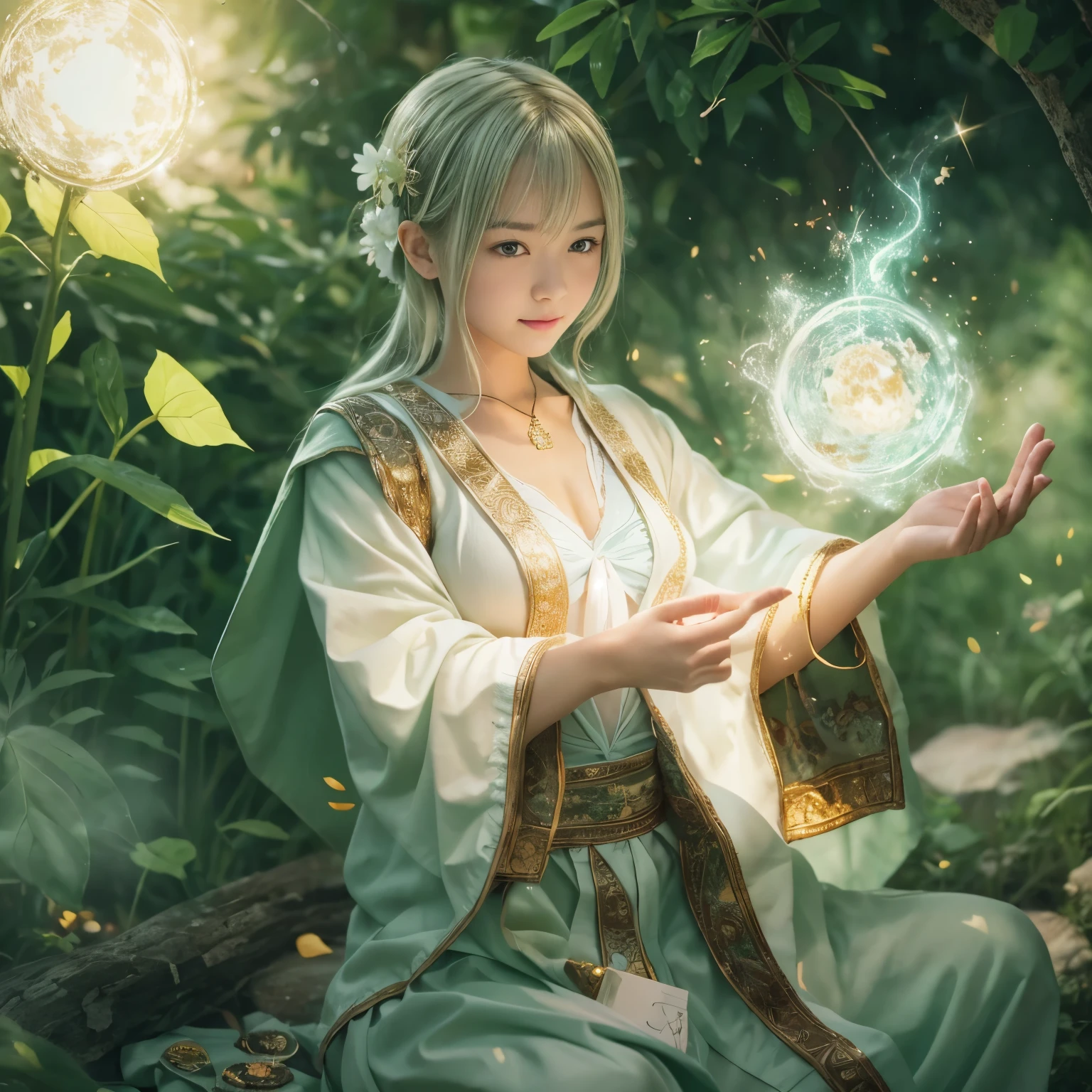 (RAW Photos:1.2), (Realistic), Beautiful detailed smiling slender girl, Very detailed eyes and face, Beautiful fine details, Large file size, High resolution, Very detailed, highest quality, [Tabletop:1.6], figure, Very detailed, The finer details, highest quality, 8k wallpaper, Cinema Lighting,13-year-old female monk from Japan, Healing Magic, Sacred robe,  White Jewel Wand,  Glitter Green Healing Spell, Healing space around you, underwear, Upper body naked, No top,  appear,   Nipples appear, Casual Panties, Skimpy white panties, Panties with attention to detail, Even the wrinkles in the pants are drawn., Panties with texture, Realistic panties,  Small breasts, Simple panties