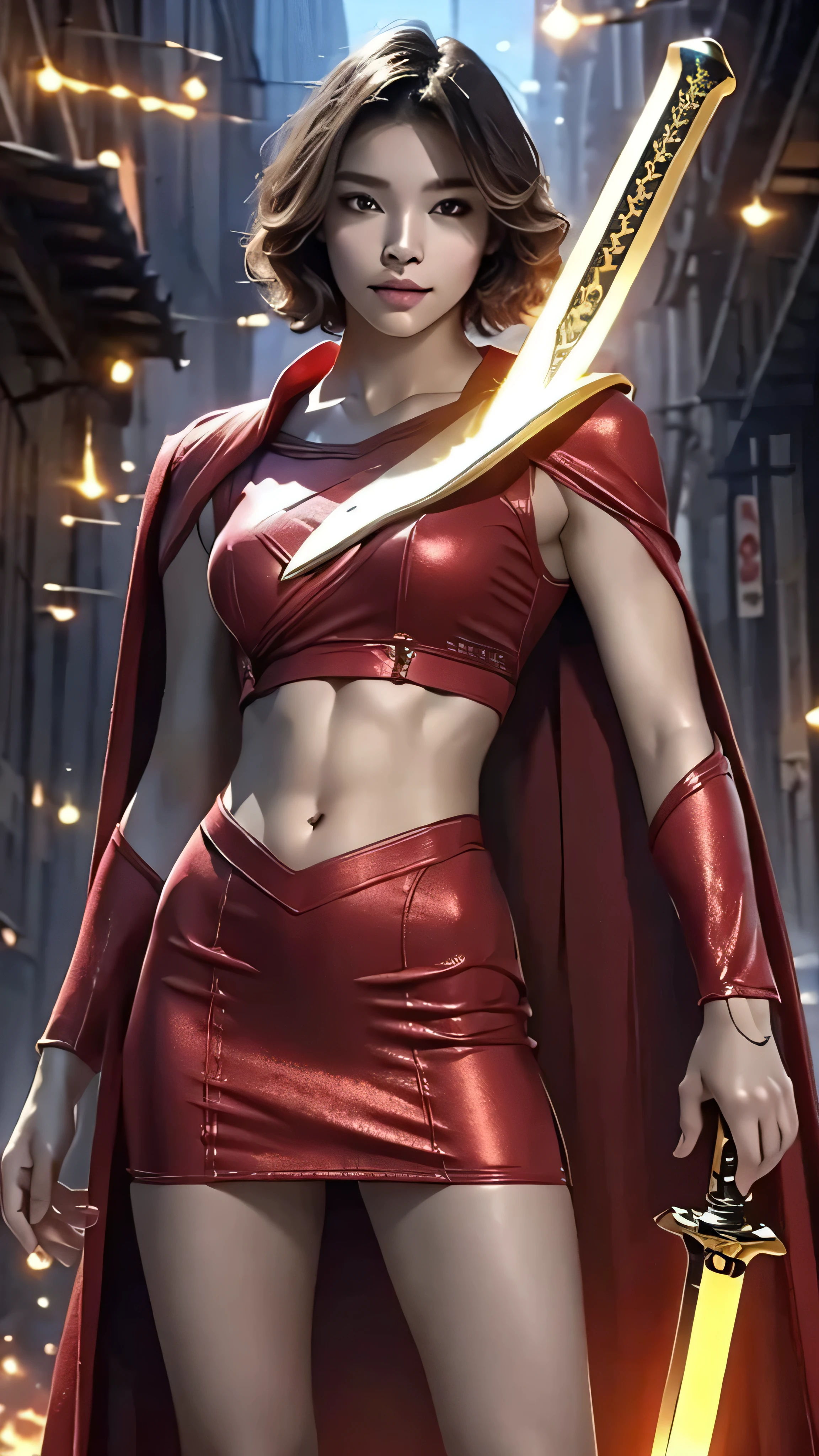 8K, Ultra Realistic CG K, Realistic:1.4, Skin Texture:1.4, Masterpiece:1.4, Beautiful woman in hero's costume standing in front of apocalyptic fire city posing behind, Female hero appears, holding shiny sword in hand, showing flat muscle belly, red mini skirt , beautiful thin hands, cape Beautiful woman with short cut blonde hair