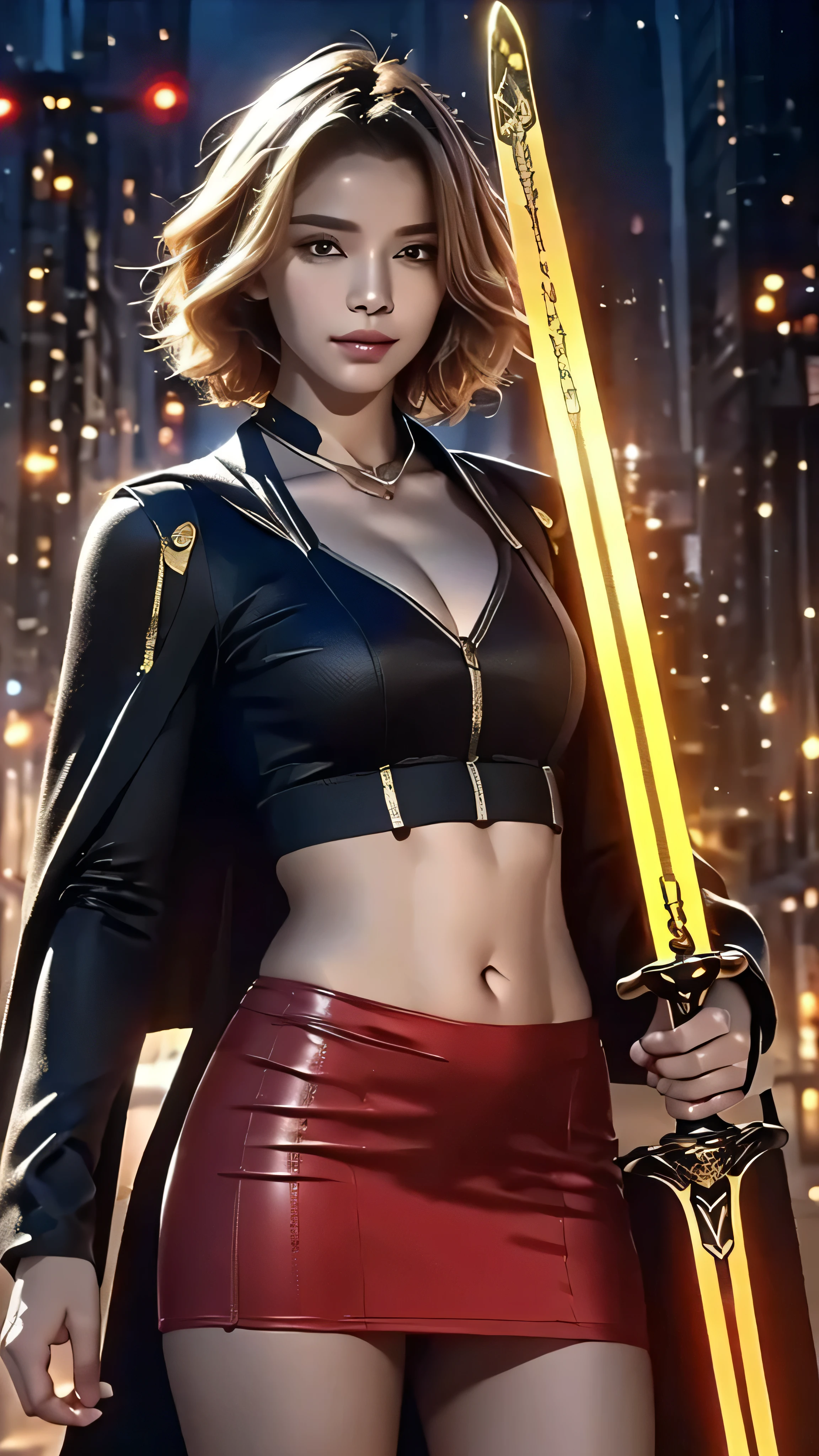 8K, Ultra Realistic CG K, Realistic:1.4, Skin Texture:1.4, Masterpiece:1.4, Beautiful woman in hero's costume standing in front of apocalyptic fire city posing behind, Female hero appears, holding shiny sword in hand, showing flat muscle belly, red mini skirt , beautiful thin hands, cape Beautiful woman with short cut blonde hair