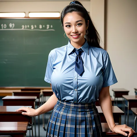 (Thai woman),((highponytail)),(forehead),((Blue checked pleated skirt, neck tie)), (private school uniform),((huge breasts:1.4))...