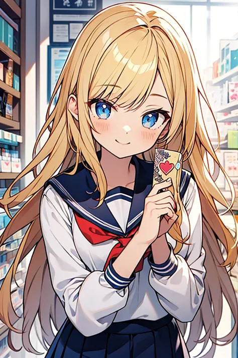 anime style,blonde loose long hair,school sailor uniform,
she looks like beautiful girl, but she's actually a boy,smile,
heart_s...