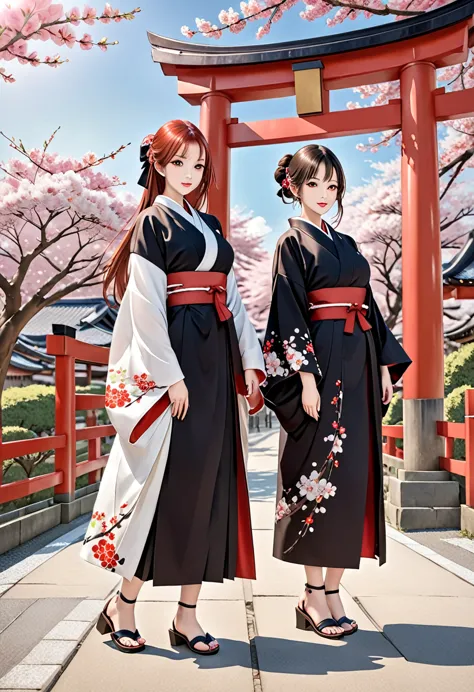 ((masterpiece,highest quality)),Two Girls, black kimono, Black legwear, black ribbon, Black Hair, cherry blossoms, Day, flower, ...