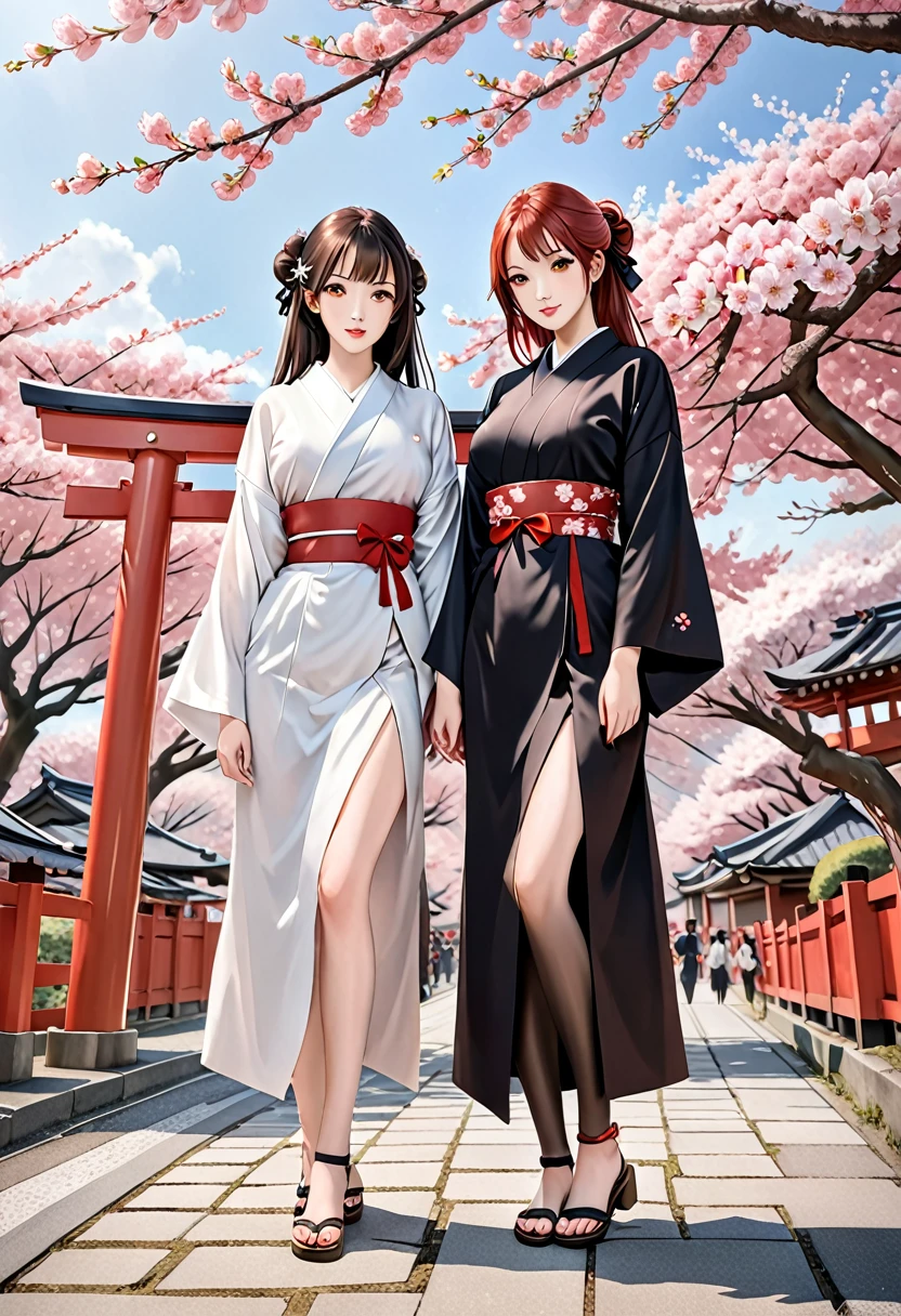 ((masterpiece,highest quality)),Two Girls, black kimono, Black legwear, black ribbon, Black Hair, cherry blossoms, Day, flower, Hair Bun, hair ribbon, kimono, kimono, Long Hair, View your viewers, Recall , Multiple Girls, belt, Outdoor, Red eyes, Redhead, ribbon, Sandals, Good single, stage, Are standing, picture, torii, wood, white kimono, Yellow Eyes