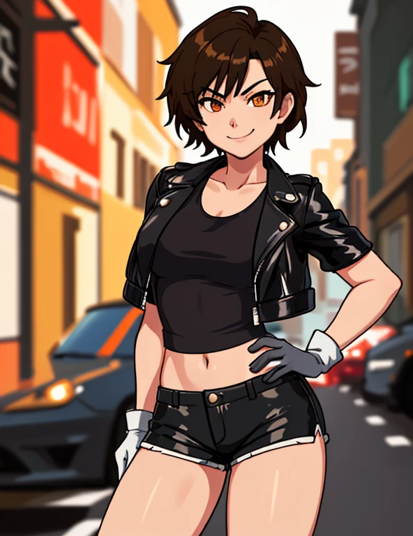 1girl, solo, masterpiece, very detailed, Reiko Nagase, black leather jacket, orange tank-top, midriff, gloves, black short-shorts, street race, bokeh effect, rich color saturation, looking at viewer, eye contact, arrogant smile, dynamic pose