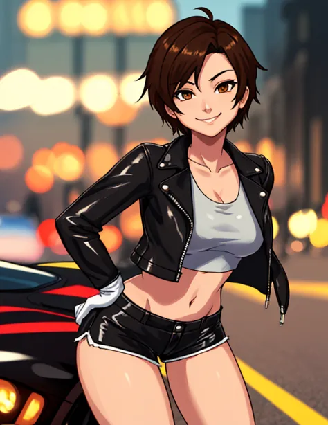 1girl, solo, masterpiece, very detailed, reiko nagase, black leather jacket, orange tank-top, midriff, gloves, black short-short...