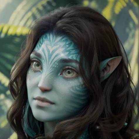 avatar style, (face portrait:1.6), naavi, 1girl, female, (green eyes), (big eyes), ((eyebrowless)), pointy ears, (turquoise skin...