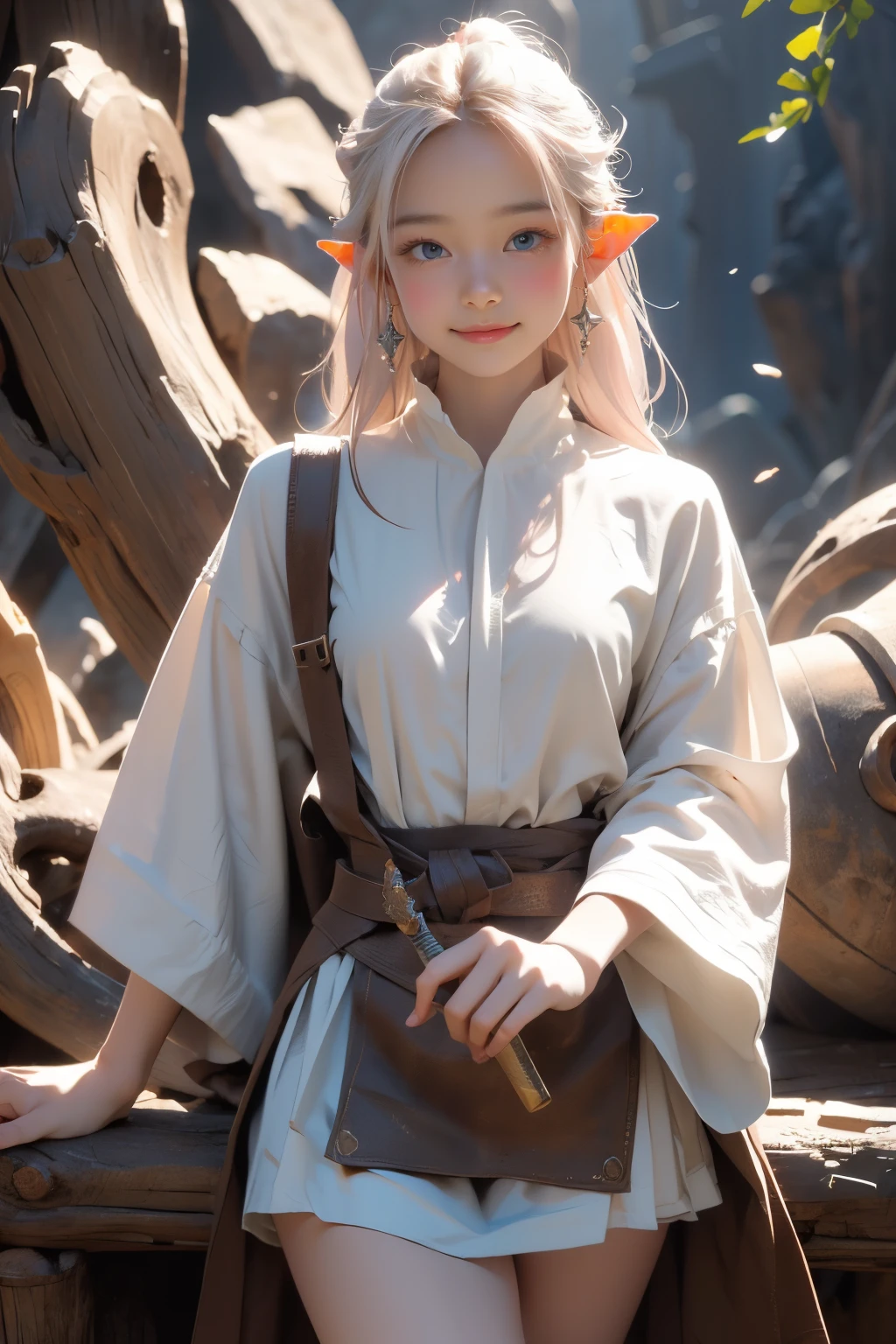 (Original Character, Unity 16K Wallpaper, masterpiece, Best Quality, Ultra-detailed, extremely details CG, Caustics, Cinematic lighting, Detailed, Beautiful detailed eyes, Solo, Oily skin), Ultra High Resolution, Fine skin, (strong lights), ((Brighten the subject)), Cute dwarf girl, White pink hair with very long messy hair, crystal hair ornament, Big eyes with tareme, sparkling brown eyes, pointy ears,  with thighs, Brown poncho, White atelier, crystal accessories, cute smile, holding hammer, inside cave,
