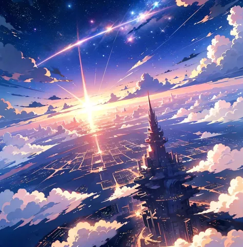 sea of clouds、Beautiful sky animation scene with stars and planets, Abandoned city floating on the sea,Space Sky. by makoto shin...