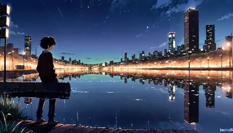 Reflexiones nocturnas fondo de pantalla manga lofi de una escena triste pero hermosa con paisaje urbano con un chico de lejos