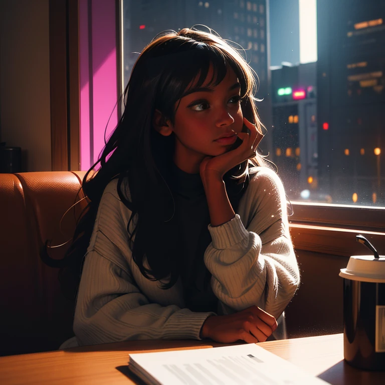 ((masterpiece, best quality, ultra detailed, ultra high res)), ((night)), (distant), chiaroscuro, coffee, indoors, solo focus, pov, (through the window), (armrest), 1 girl,(dark skin), ebony skin, ebony nose, full lips, facing away, black hair, long hair, distracted, sitting, fuzzy sweater shirt, (looking away), streetspace, neon lights, particles, luminous dark brown eyes,