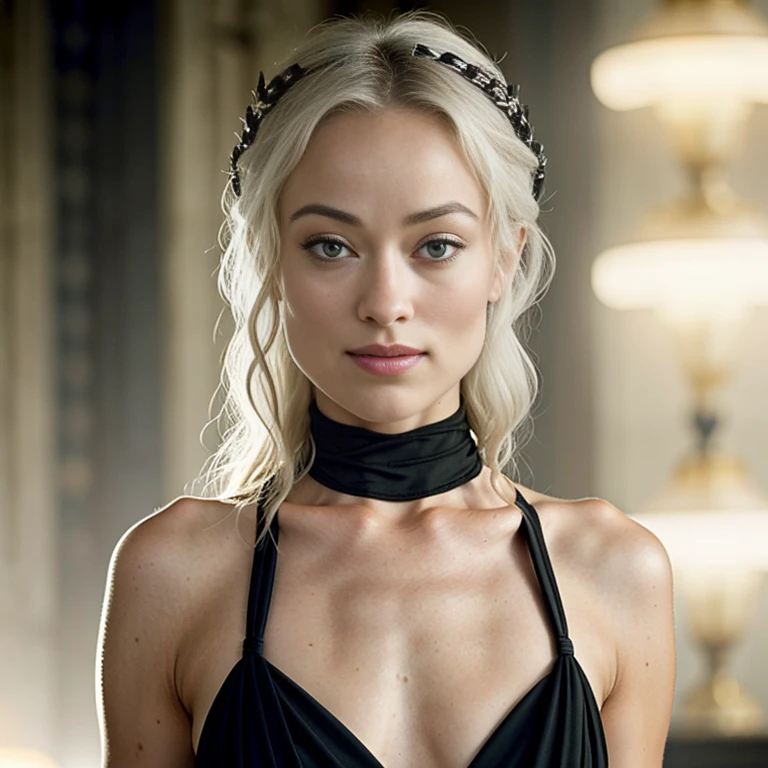Photo Mid Shot solo portrait of [Olivia wilde] as [Daenerys Targaryen] as a real-life version of (Daenerys Targaryen), Targaryen white hair, with (sexy black dress), (sexy neckline), charming smile, by Hubert Robert and Alex Timmermans ultra realistic highly detailed intricate photorealistic style photography sharp focus on the eyes, cinematic lighting